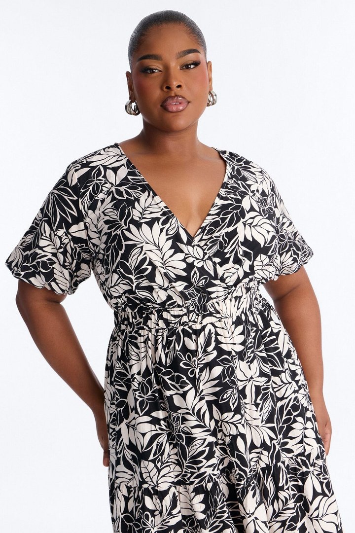 Elena Printed Midi Dress - Black/White