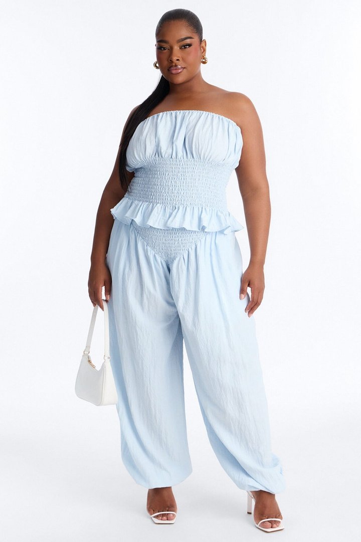 Pretty Thing Peplum Smocked Balloon Pant Set - Light Blue