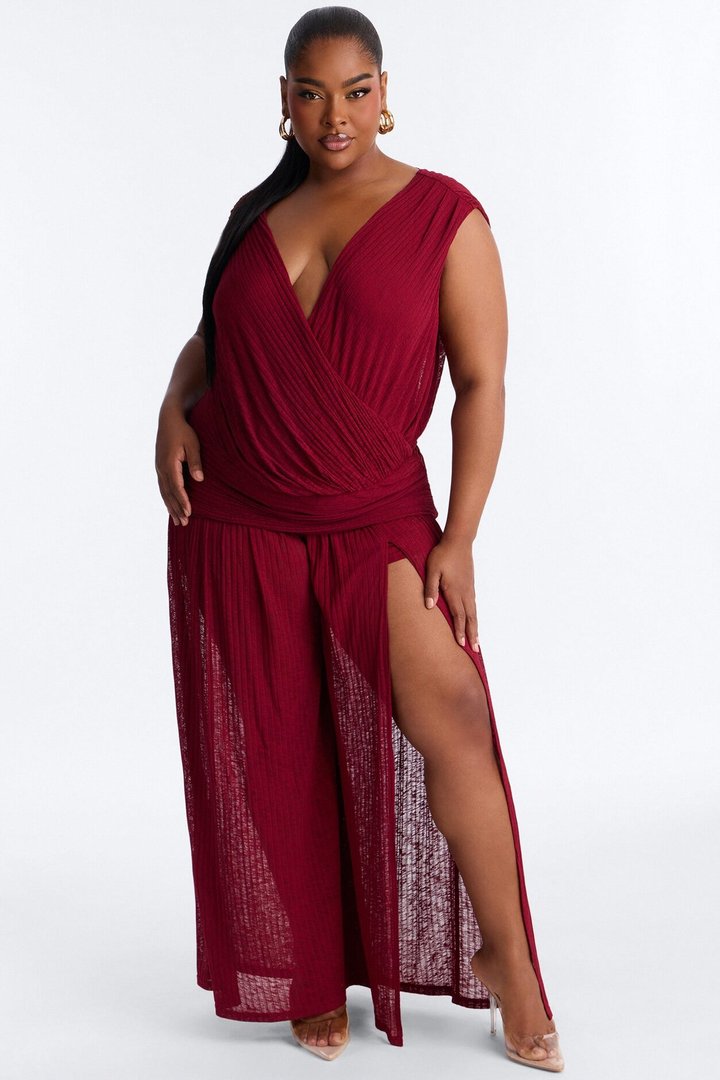 Romy Beaded Wide Leg Slit Jumpsuit - Wine