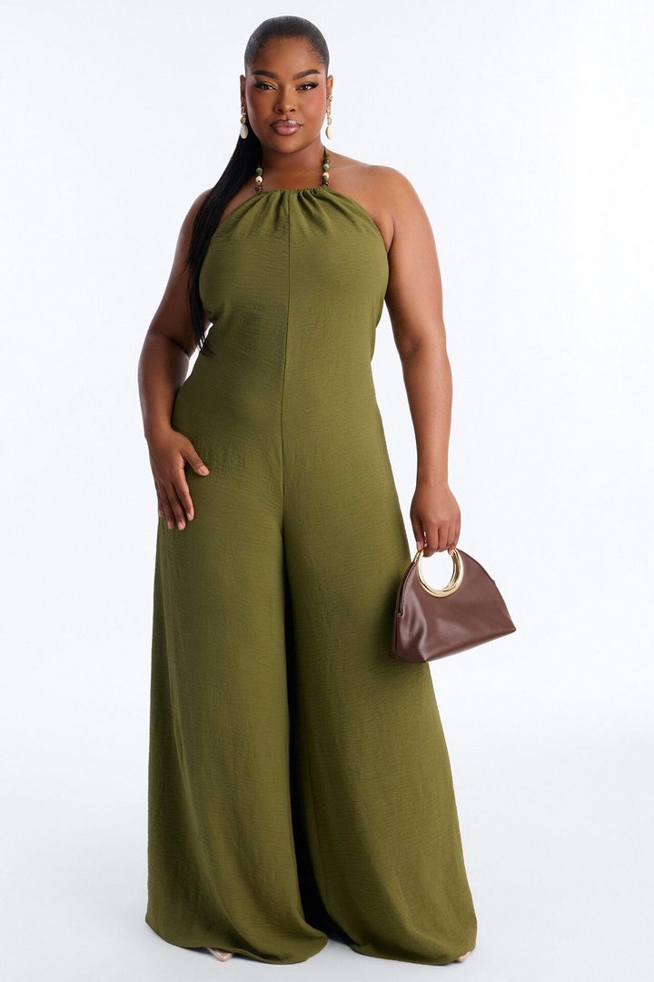 Kalana Beaded Halter Jumpsuit - Olive