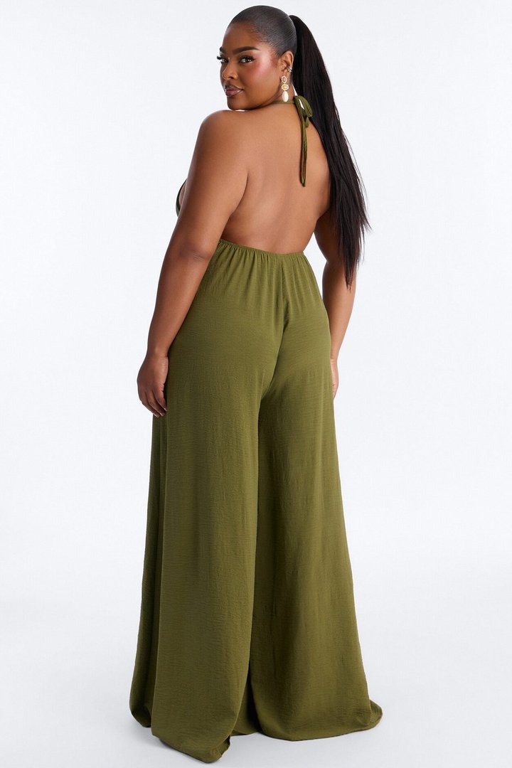 Kalana Beaded Halter Jumpsuit - Olive