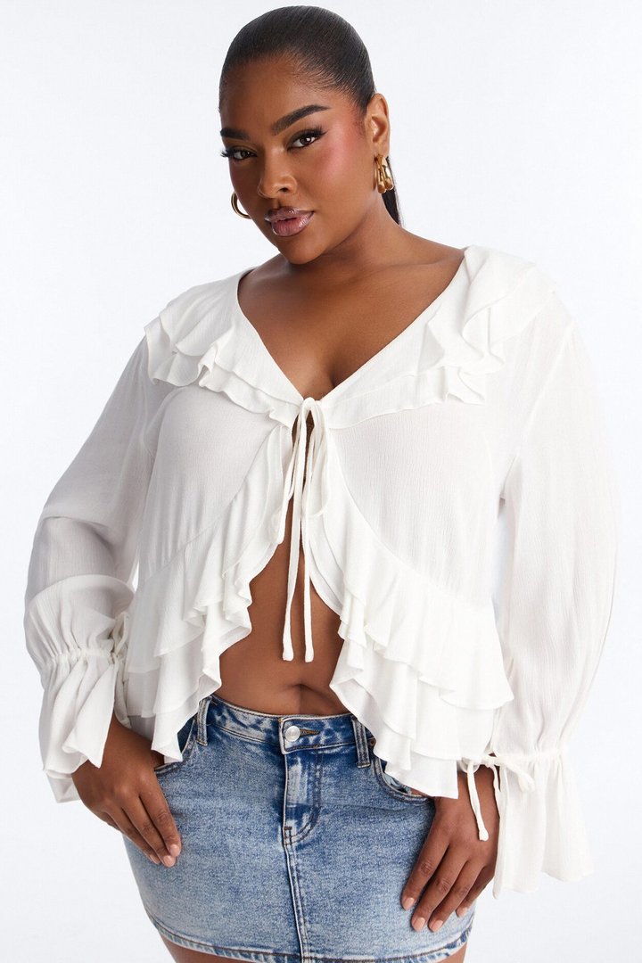 Summer Crush Ruffle Tie Front Flyaway Top - White