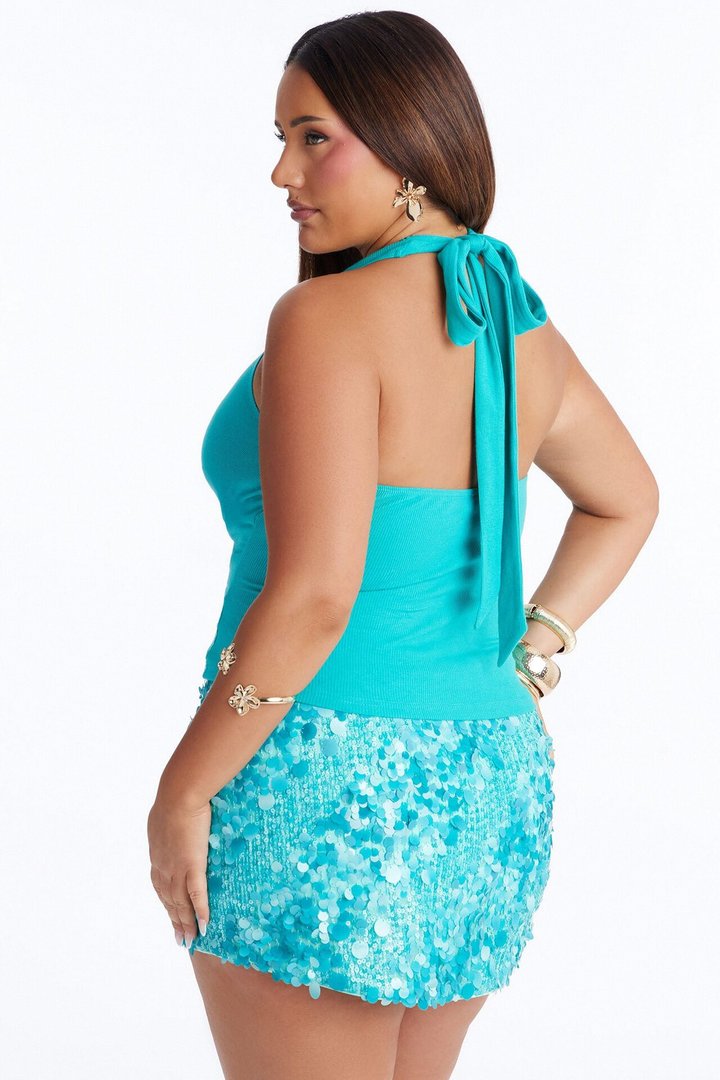Haley Hardware Ruched Ribbed Halter Top - Blue