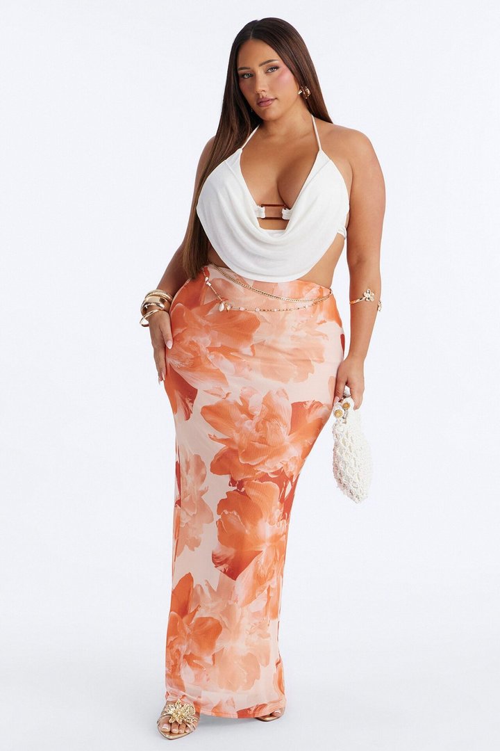 Midnight Bloom Mesh Maxi Skirt - Orange/combo