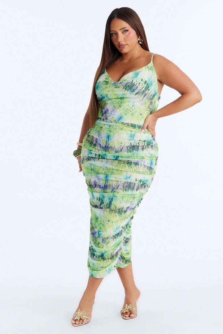 Adelina Ruched Mesh Midi Dress - Green/combo
