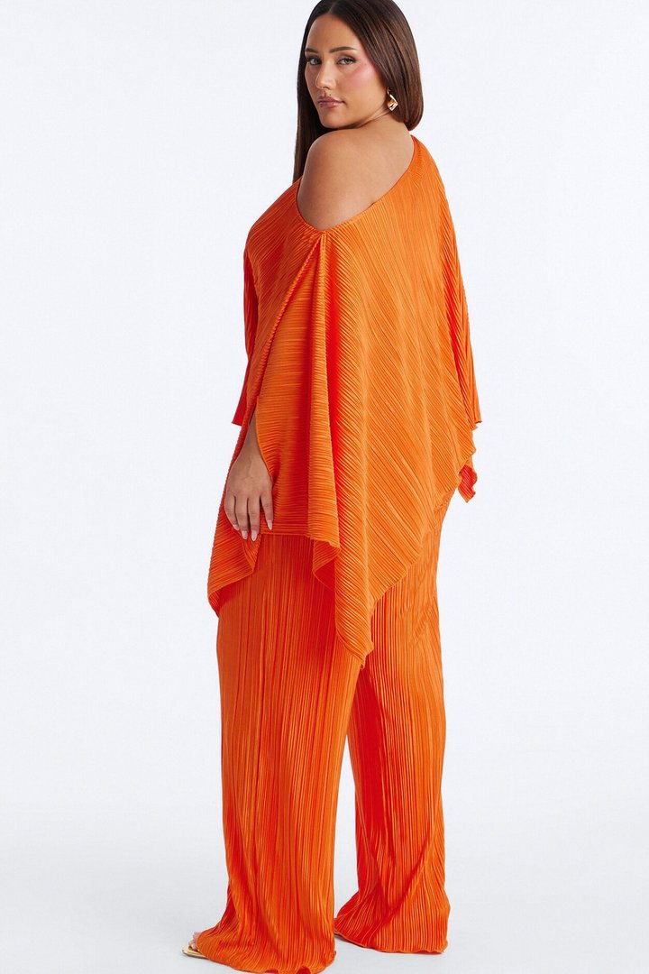 On The Horizon Off Shoulder Plisse Pant Set - Orange