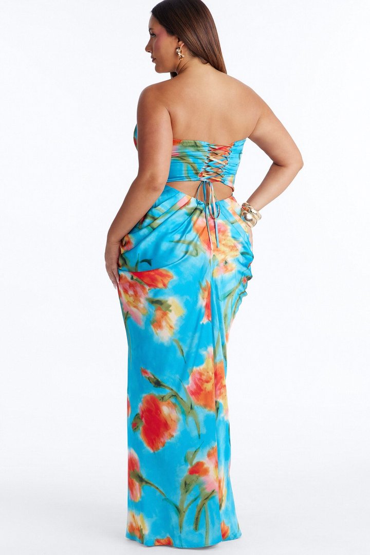 Nylah Corset Tie Dye Satin Maxi Dress - Blue/combo