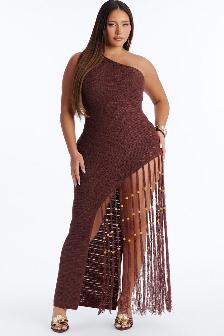 Vacation Vixen Fringe Crochet Maxi Dress - Brown