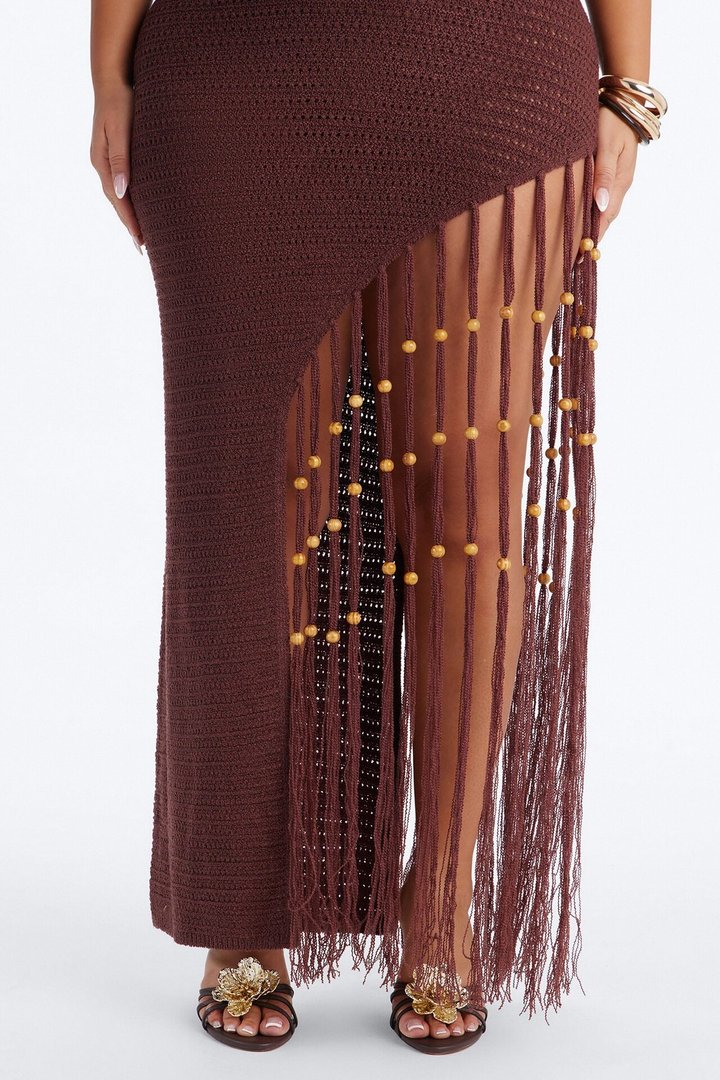 Vacation Vixen Fringe Crochet Maxi Dress - Brown