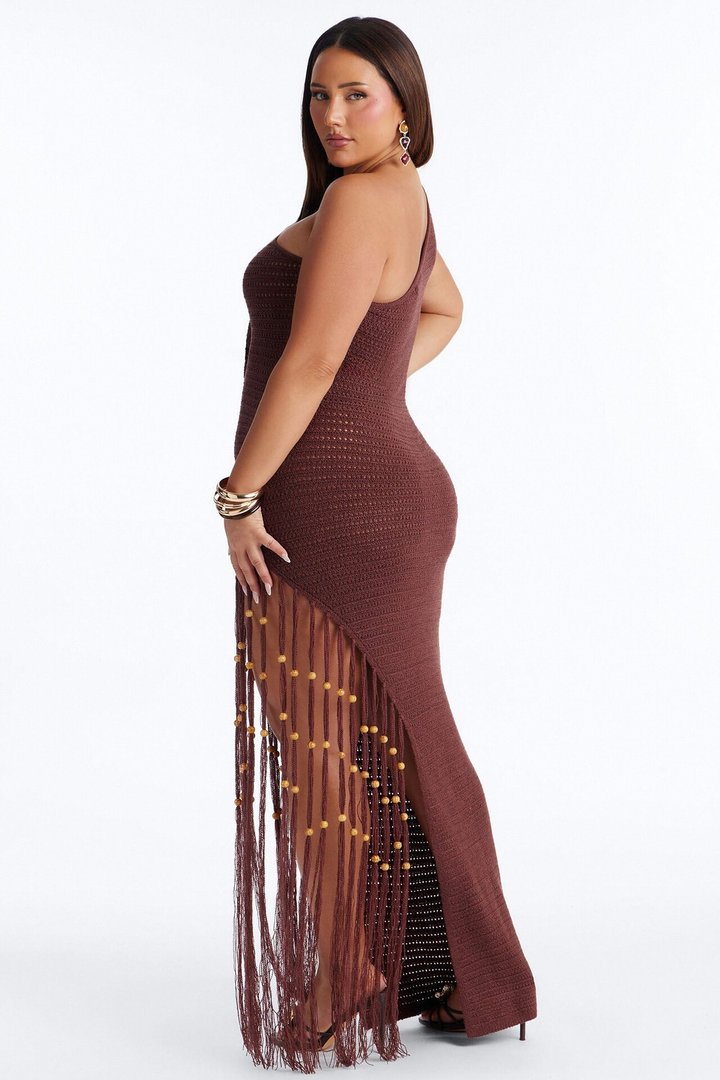 Vacation Vixen Fringe Crochet Maxi Dress - Brown