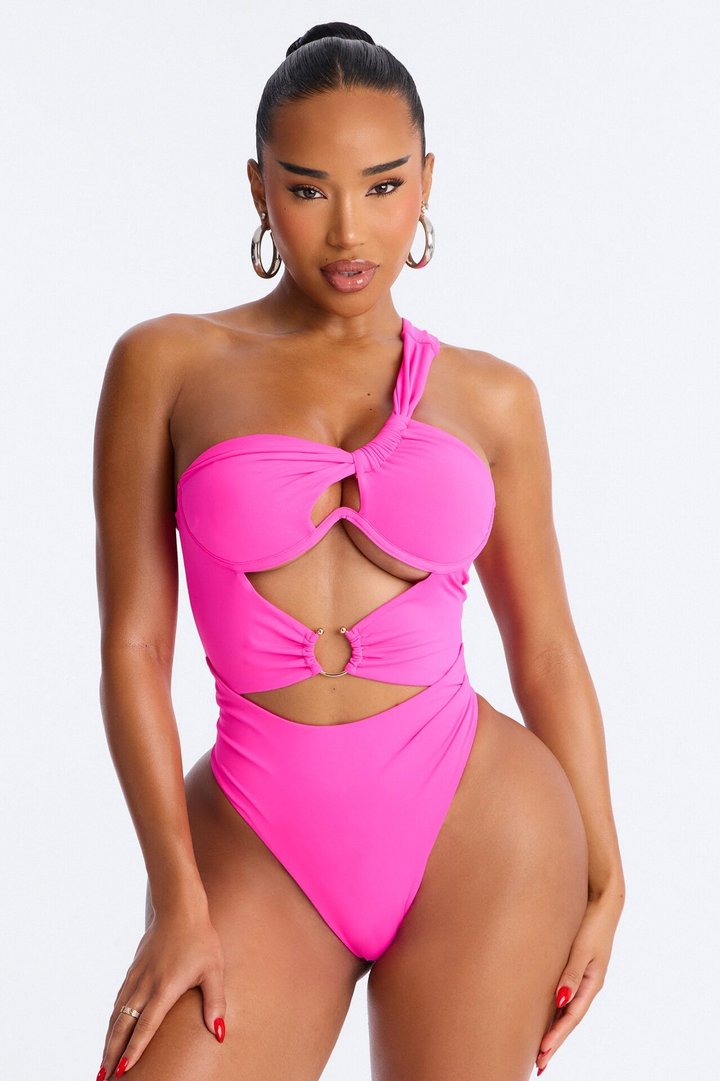 Can Sea Clearly Now Underwire One Shoulder Hardware Asymmetrical 1 Piece Swimsuit - Hot Pink