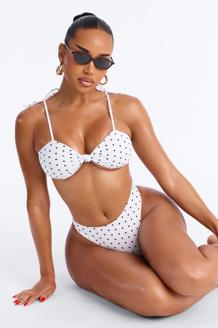At The Sea Polka Dot Front Knot Shoulder Tie 2 Piece Bikini - White/Black