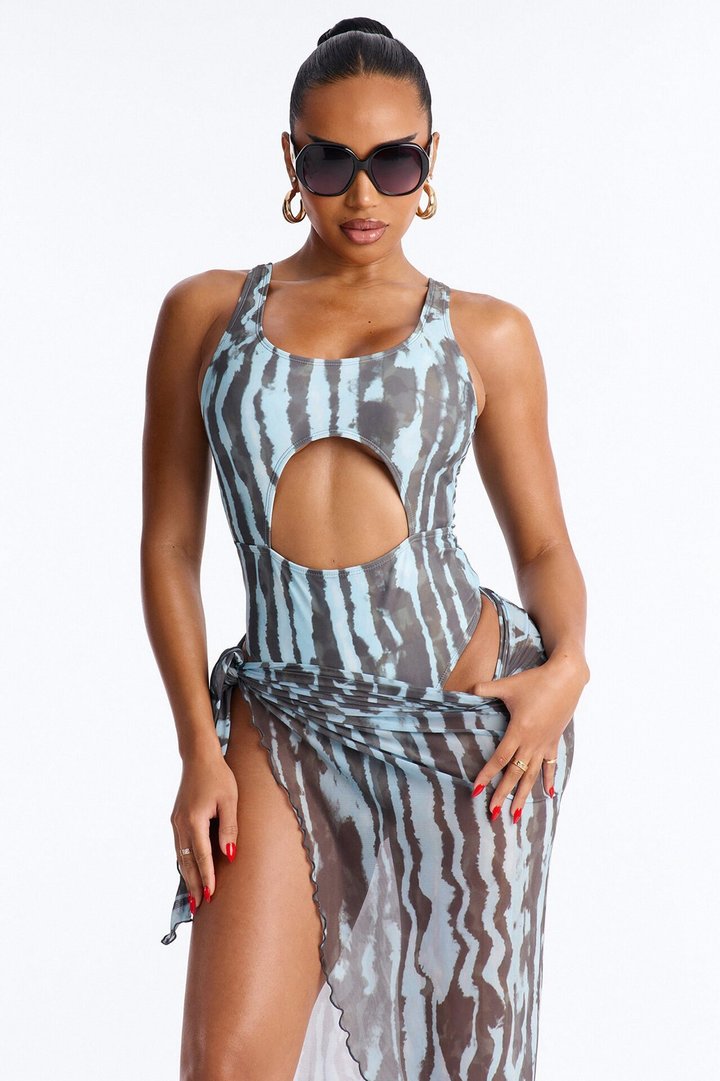 Sundown Stretch 1 Piece Animal Tie Dye Front Cut Out Swimsuit With Sarong - Blue