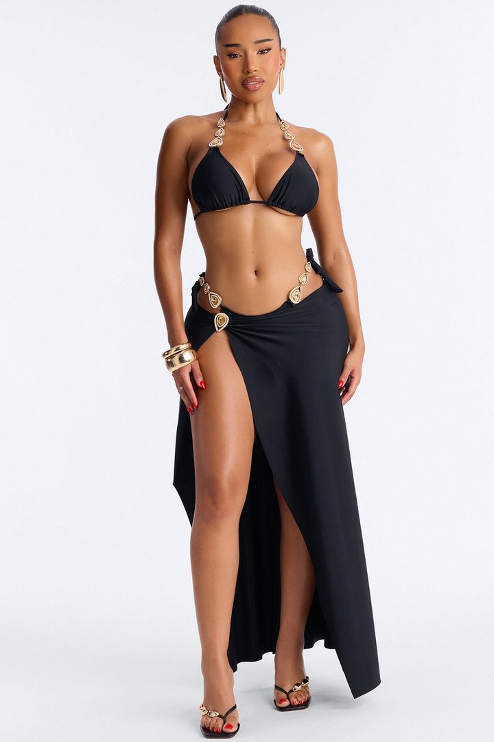 Take Me To Cancun Hardware High Slit 3 Piece Bikini Skirt Set - Black