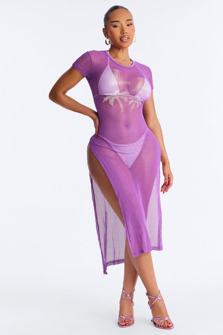 LA Nights Fishnet Cover Up Dress - Purple