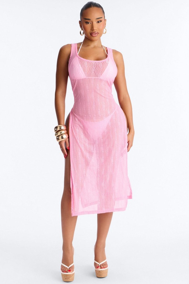 Live In The Moment Mesh Cover Up High Slit Dress - Pink