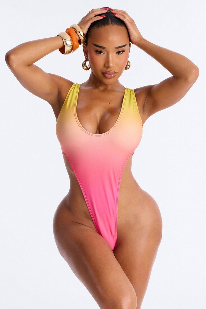 Chasing The Tide Ombre High Cut Thong 1 Piece Swimsuit - Yellow/combo