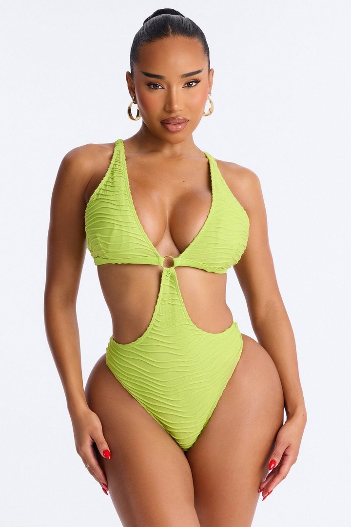 Some Beach Somewhere Textured O-Ring Back Tie 1 Piece Swimsuit - Neon Green