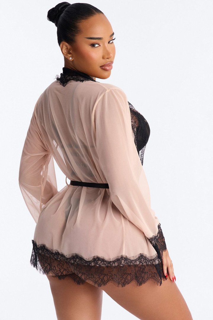 Tempted Mesh 3 Piece Corset And Panty Set With Robe - Black