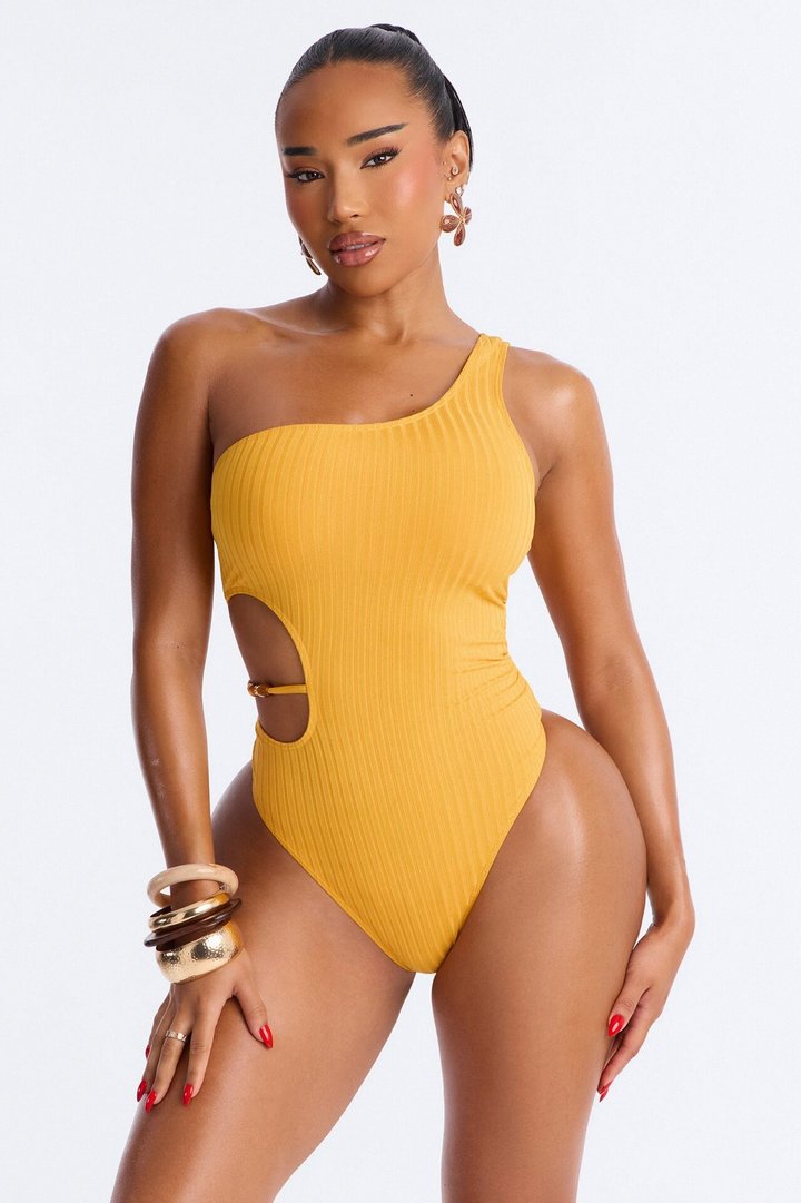 Snatched At Sea 1 Piece Ribbed One Shoulder Cut Out Swimsuit - Mustard