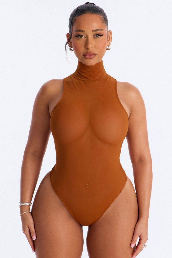 Power Mesh Turtle Neck Sleeveless Bodysuit - Copper