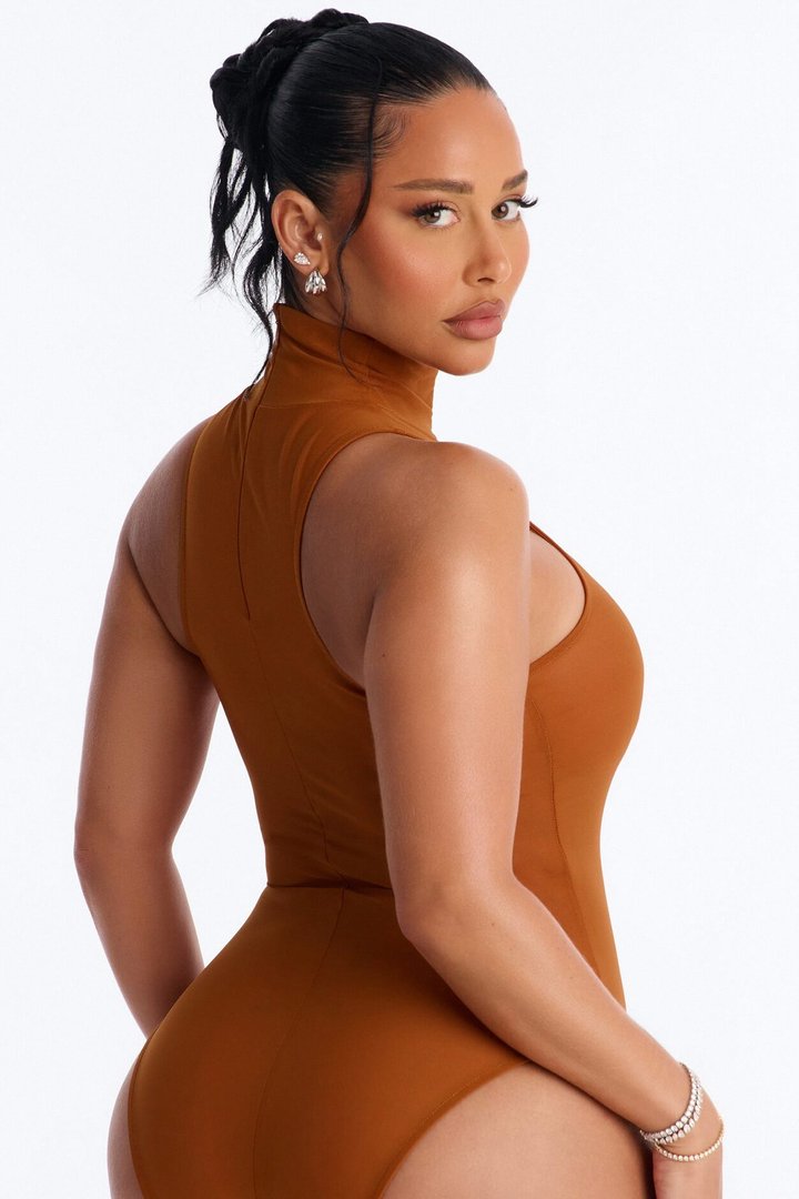 Power Mesh Turtle Neck Sleeveless Bodysuit - Copper