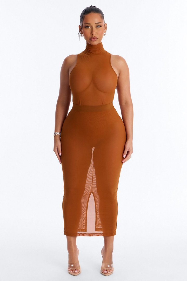Power Mesh Turtle Neck Sleeveless Bodysuit - Copper
