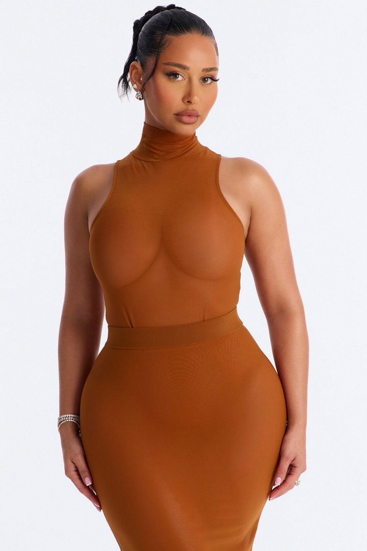 Power Mesh Turtle Neck Sleeveless Bodysuit - Copper