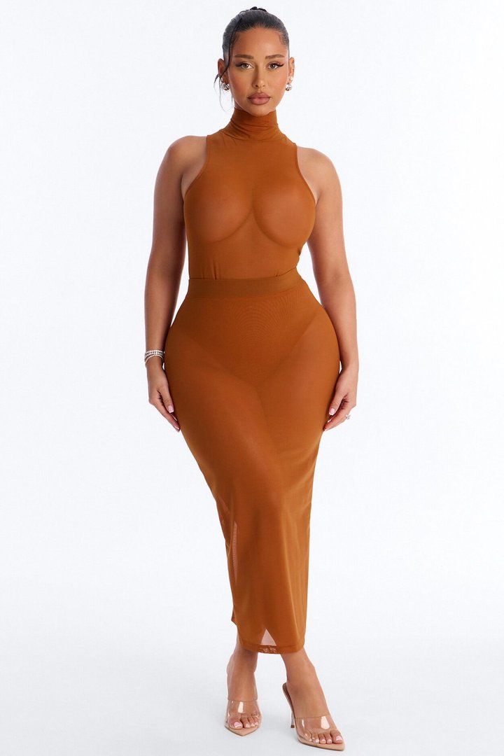 Power Mesh Midi Pencil Skirt - Copper