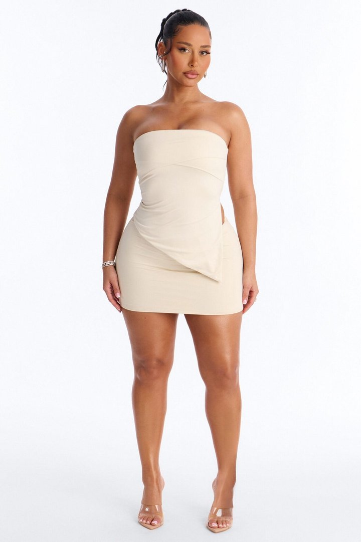 Contour Double Lined Asymmetrical Split Tube Top - Bone