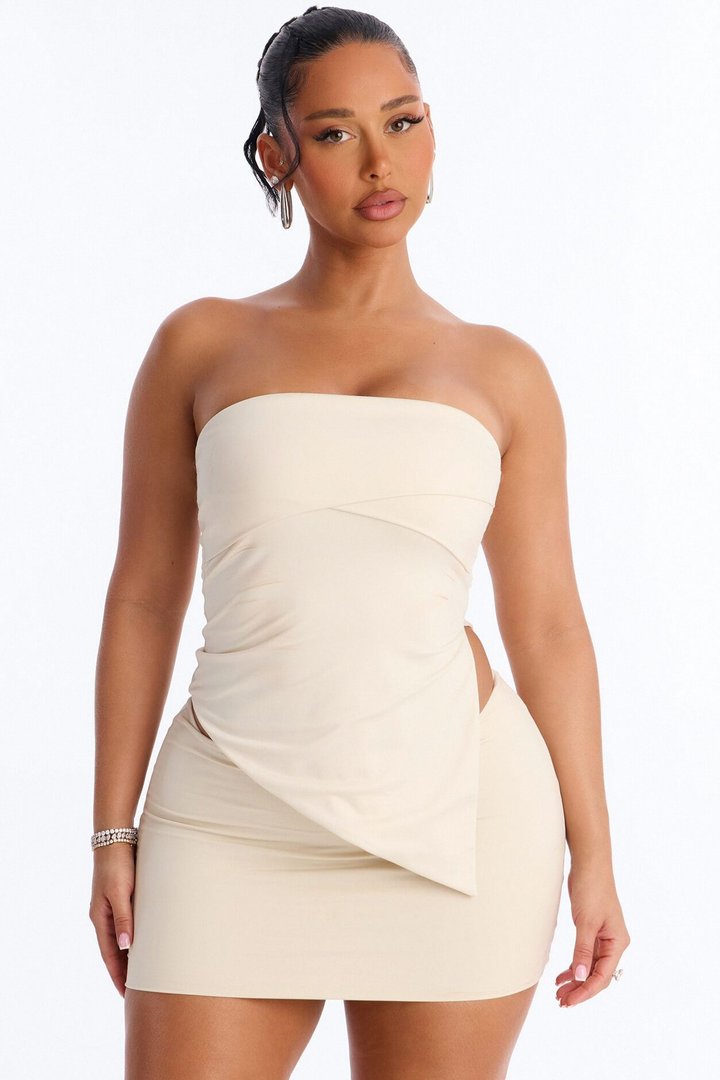 Contour Double Lined Asymmetrical Split Tube Top - Bone