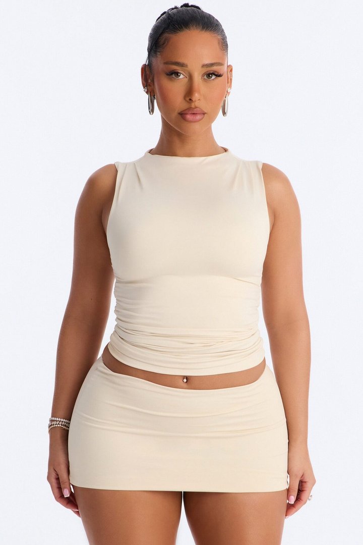 Contour Double Lined Ruched Mock Neck Sleeveless Top - Bone