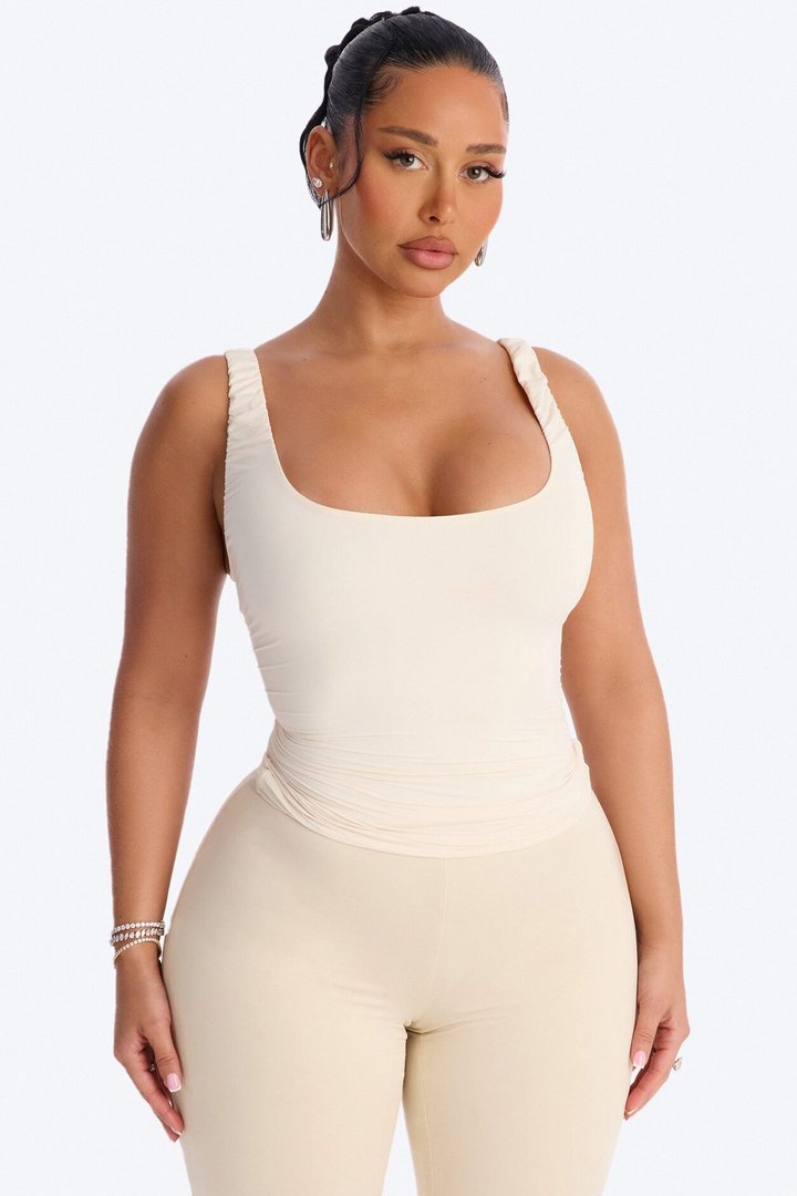 Second Skin Double Lined Scoop Neck Ruched Sleeveless Top - Bone