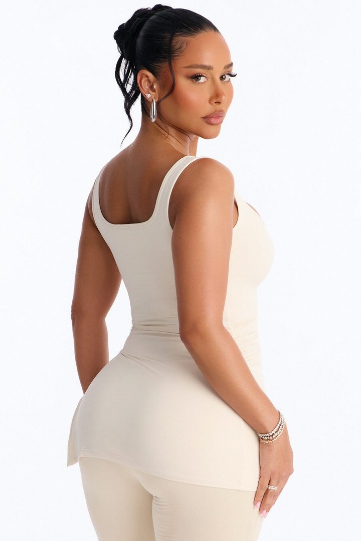 Second Skin Double Line Asymmetrical Ruched Tank Top - Bone