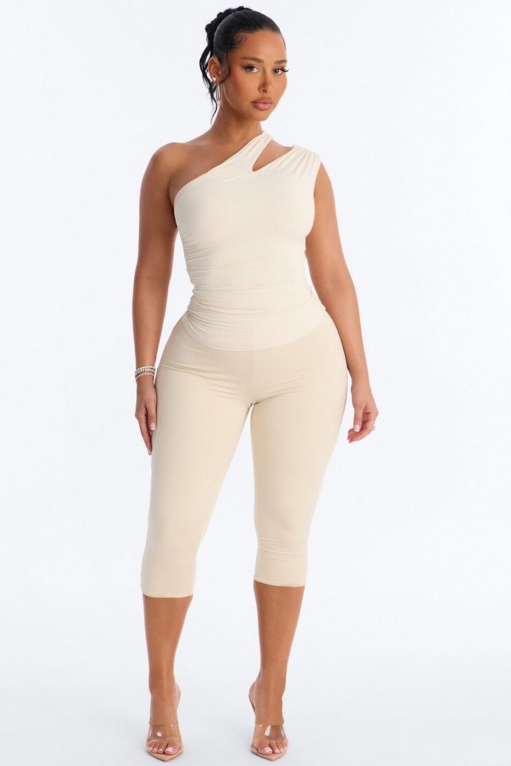 Second Skin Double Lined Cut Out One Shoulder Sleeveless Top - Bone