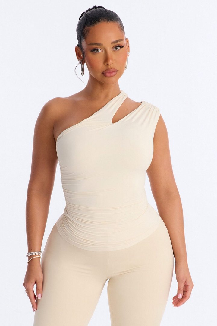 Second Skin Double Lined Cut Out One Shoulder Sleeveless Top - Bone