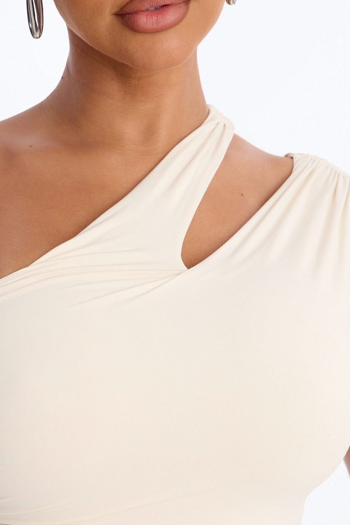 Second Skin Double Lined Cut Out One Shoulder Sleeveless Top - Bone