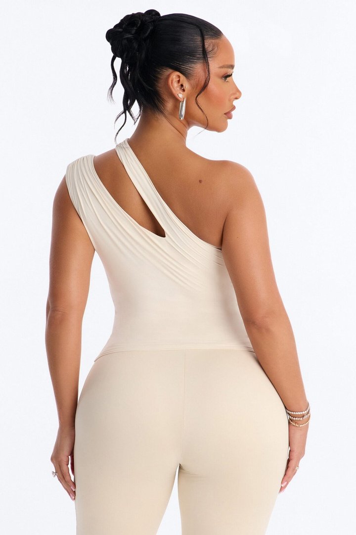 Second Skin Double Lined Cut Out One Shoulder Sleeveless Top - Bone