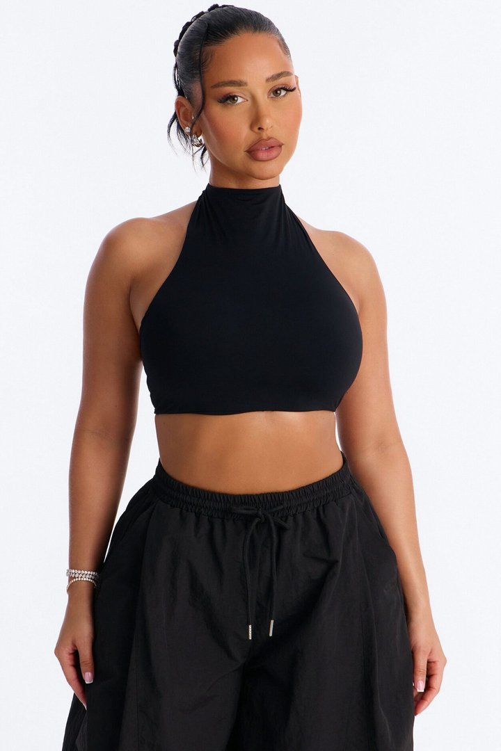 Second Skin Padded Backless Mock Neck Halter Top - Black