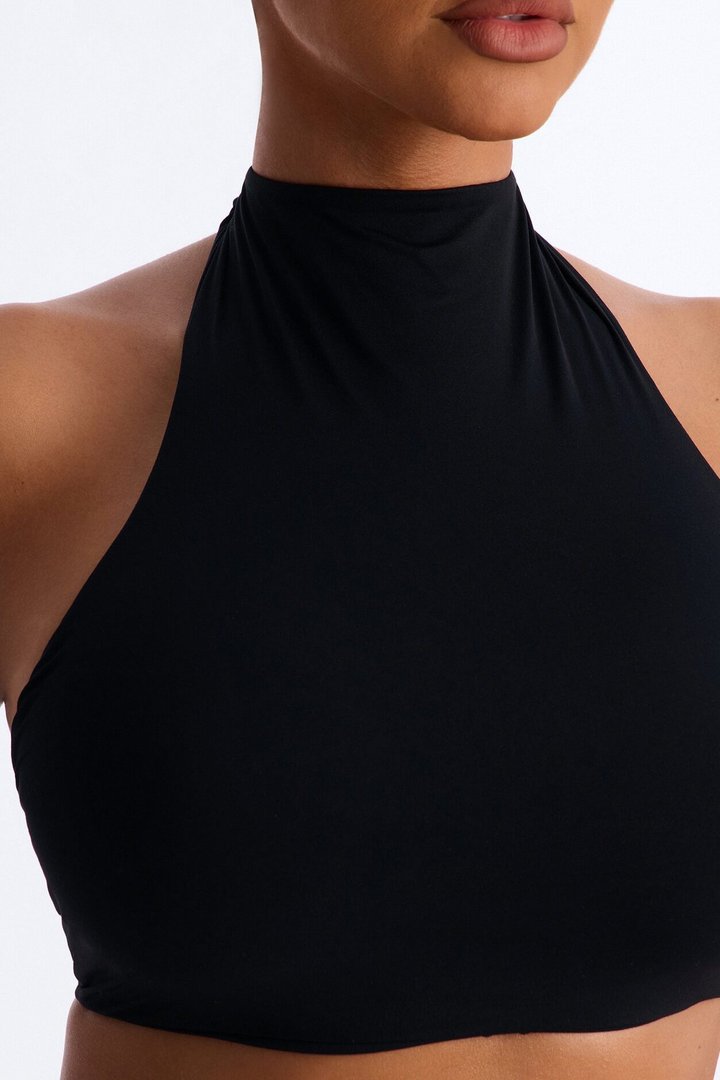 Second Skin Padded Backless Mock Neck Halter Top - Black