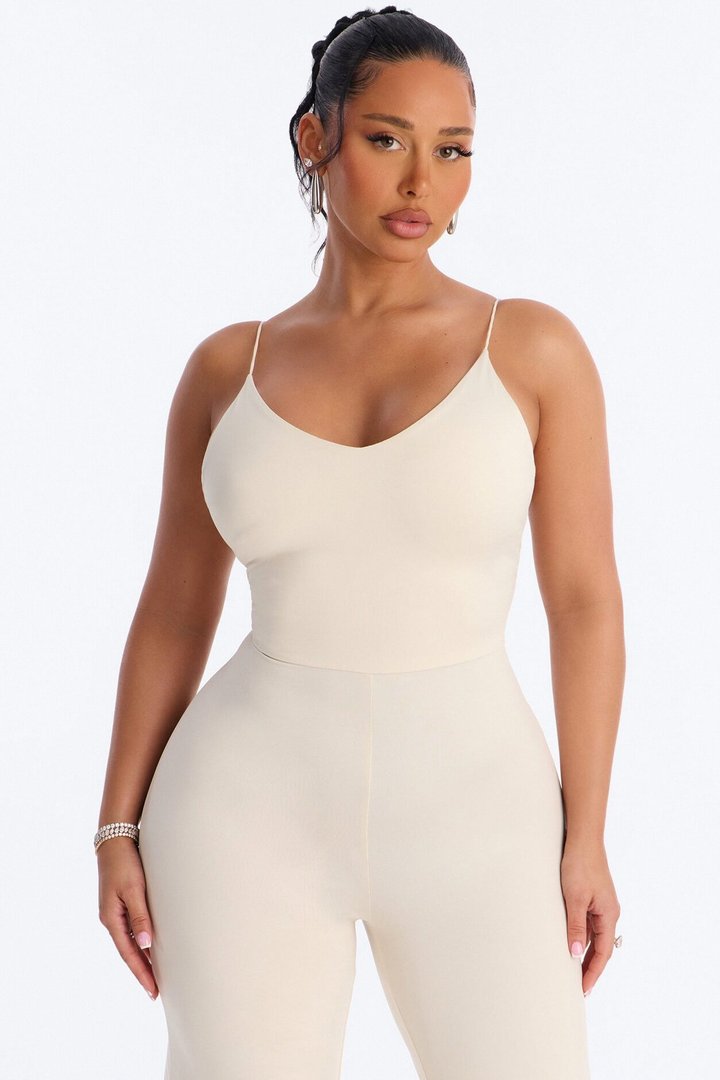 Contour Double Lined Spaghetti Strap Scoop Neck Jumpsuit - Bone