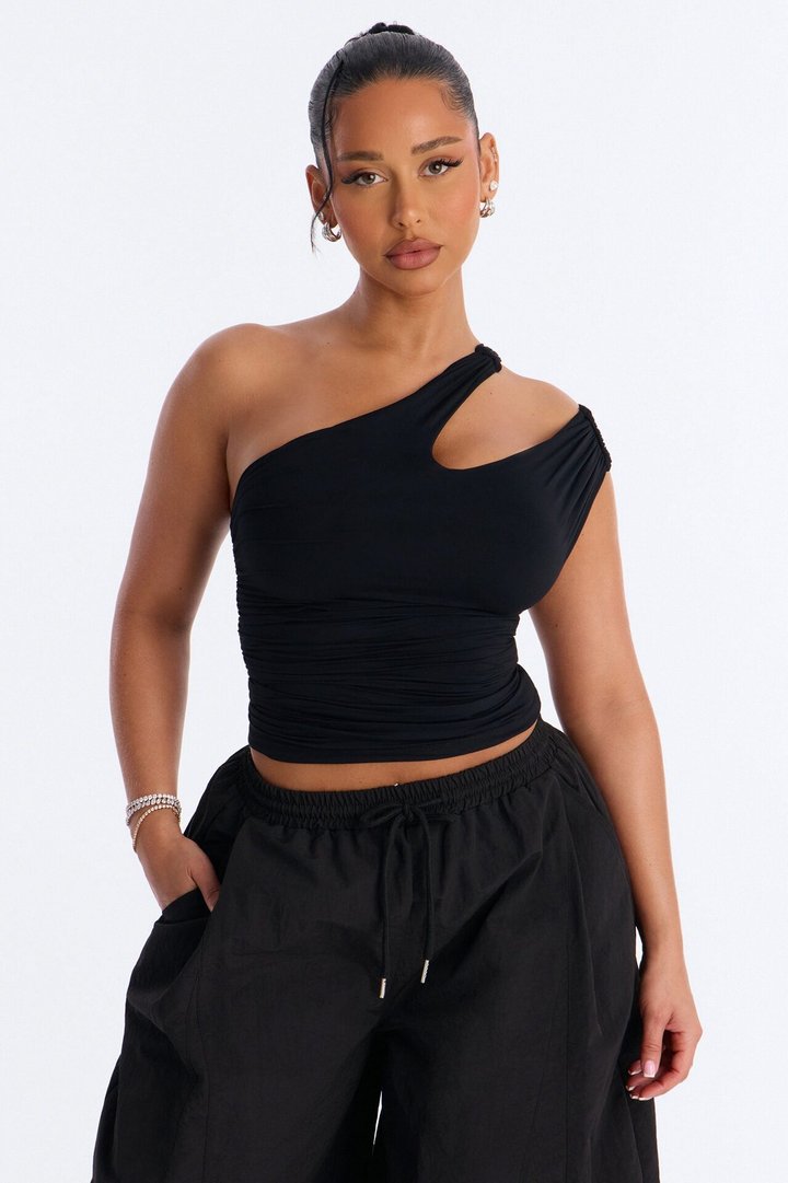 Second Skin Double Lined Cut Out One Shoulder Sleeveless Top - Black