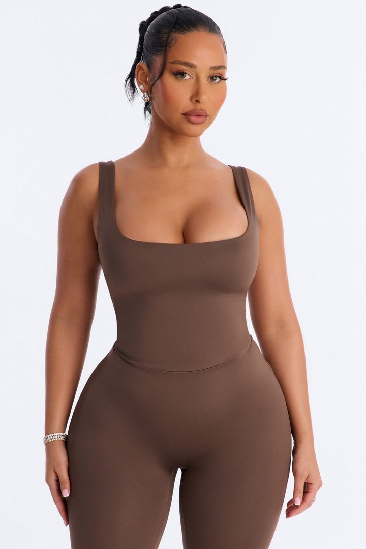 Contour Double Lined Sleeveless Square Neck Jumpsuit - Brown