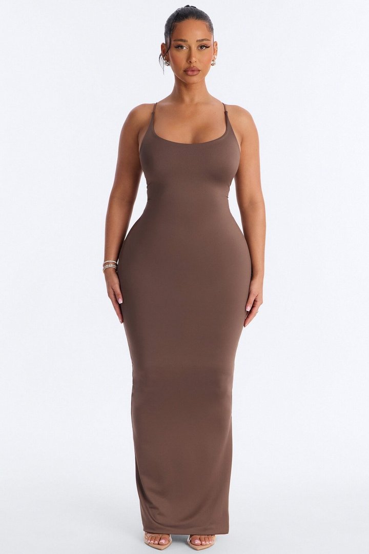 Contour Double Lined Scoop Neck Spaghetti Strap Maxi Dress - Brown