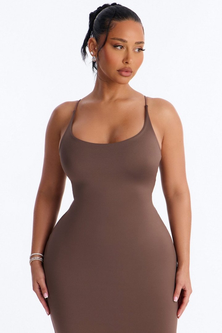 Contour Double Lined Scoop Neck Spaghetti Strap Maxi Dress - Brown
