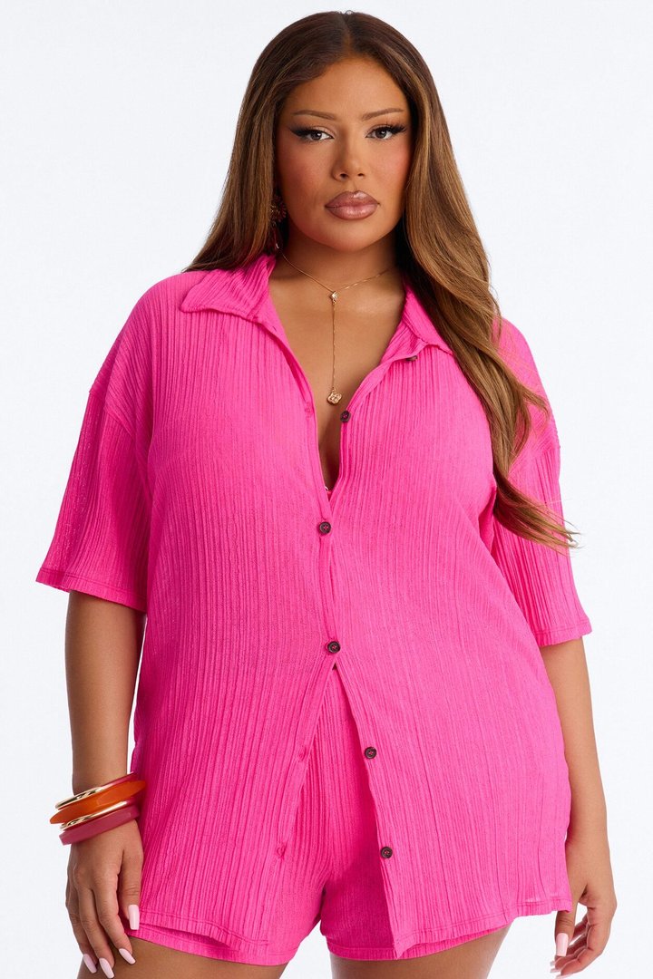 Summer Breeze Button Up Cover Up Shorts Set - Pink