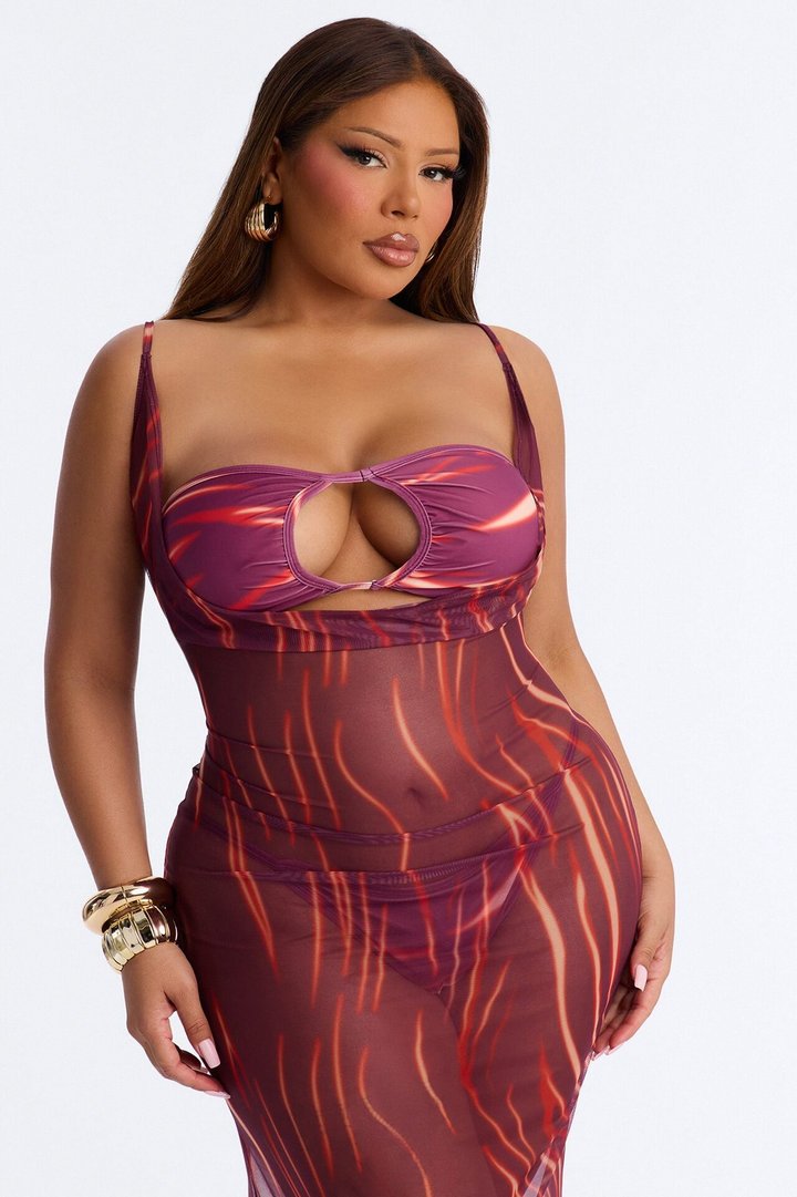 Soul On Fire 3 Piece Bandeau Bikini & Cover Up Plunge Maxi Dress - Red/combo