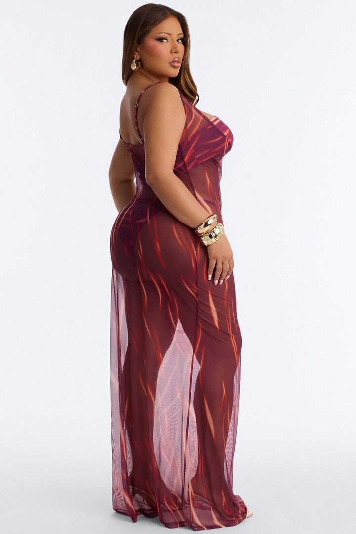 Soul On Fire 3 Piece Bandeau Bikini & Cover Up Plunge Maxi Dress - Red/combo
