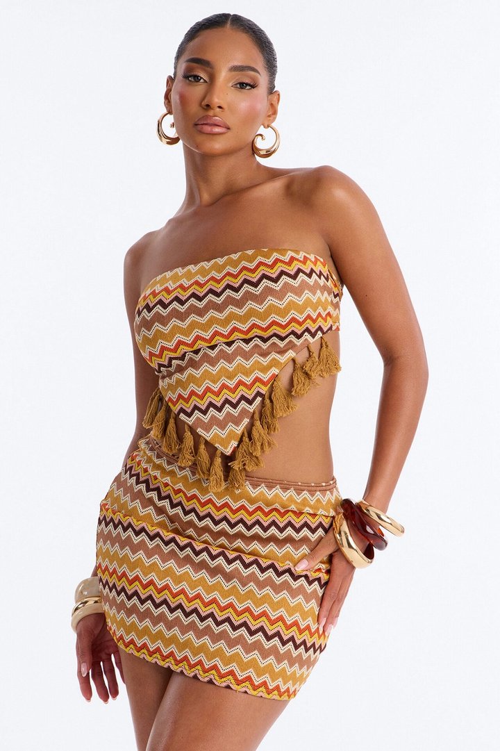 Island Hour Strapless Crochet Skirt Set - Brown/combo