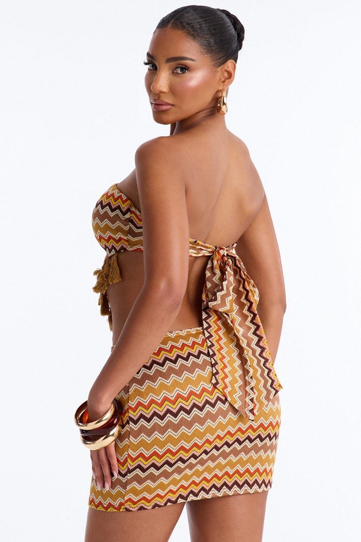 Island Hour Strapless Crochet Skirt Set - Brown/combo